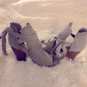 JustFab Gray Booties with Lace and Wooden Heel